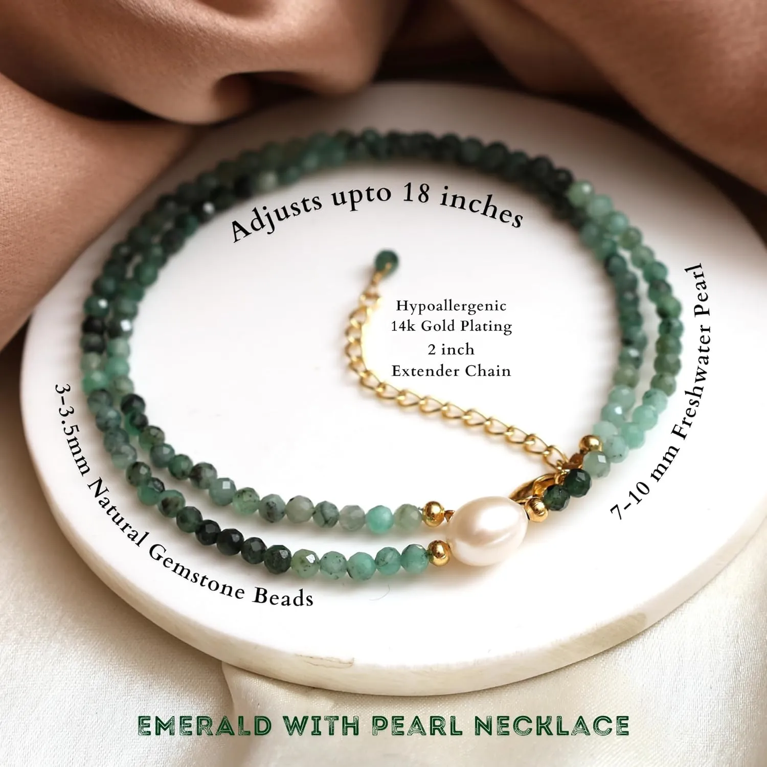 Gempires Emerald Beaded Necklace with Freshwater Pearl Handmade Jewelry May Birthstone Gemstone Gifts Hypoallergenic 18 Inch Gold Plated Statement Crystal Choker Necklaces