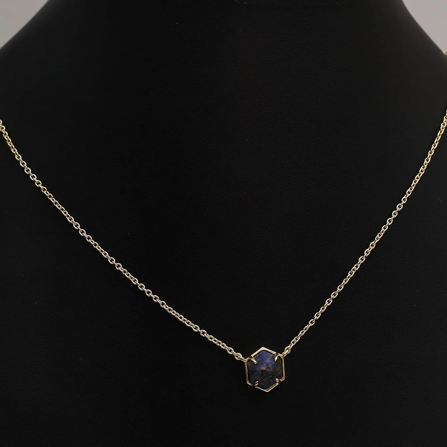 Gempires Natural Blue Lapis Lazuli Hexagon Pendant Necklace Dainty Chain Necklaces For Women September Birthstone Bezel Jewelry 18-inch Adjustable Chain