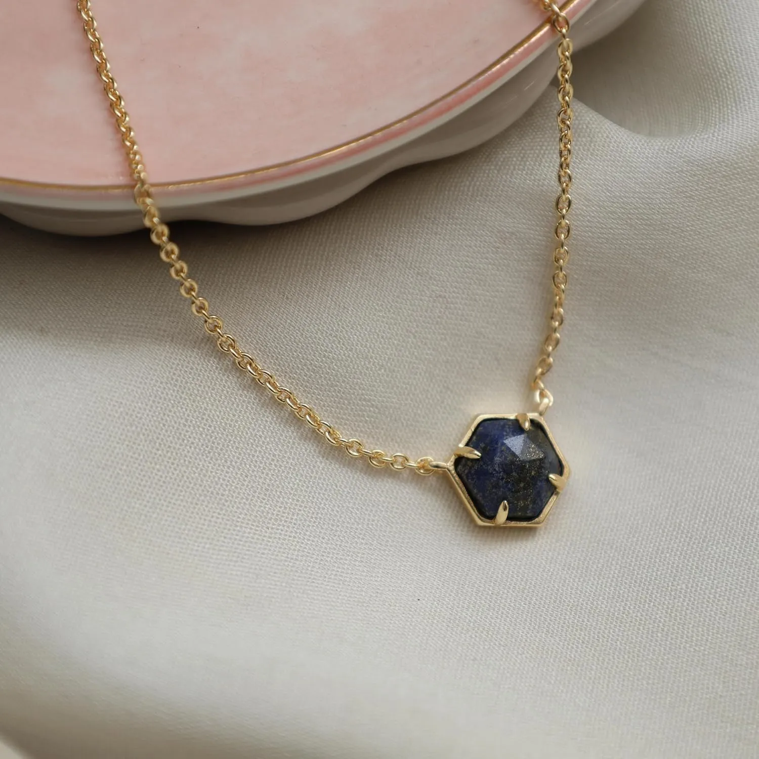 Gempires Natural Blue Lapis Lazuli Hexagon Pendant Necklace Dainty Chain Necklaces For Women September Birthstone Bezel Jewelry 18-inch Adjustable Chain
