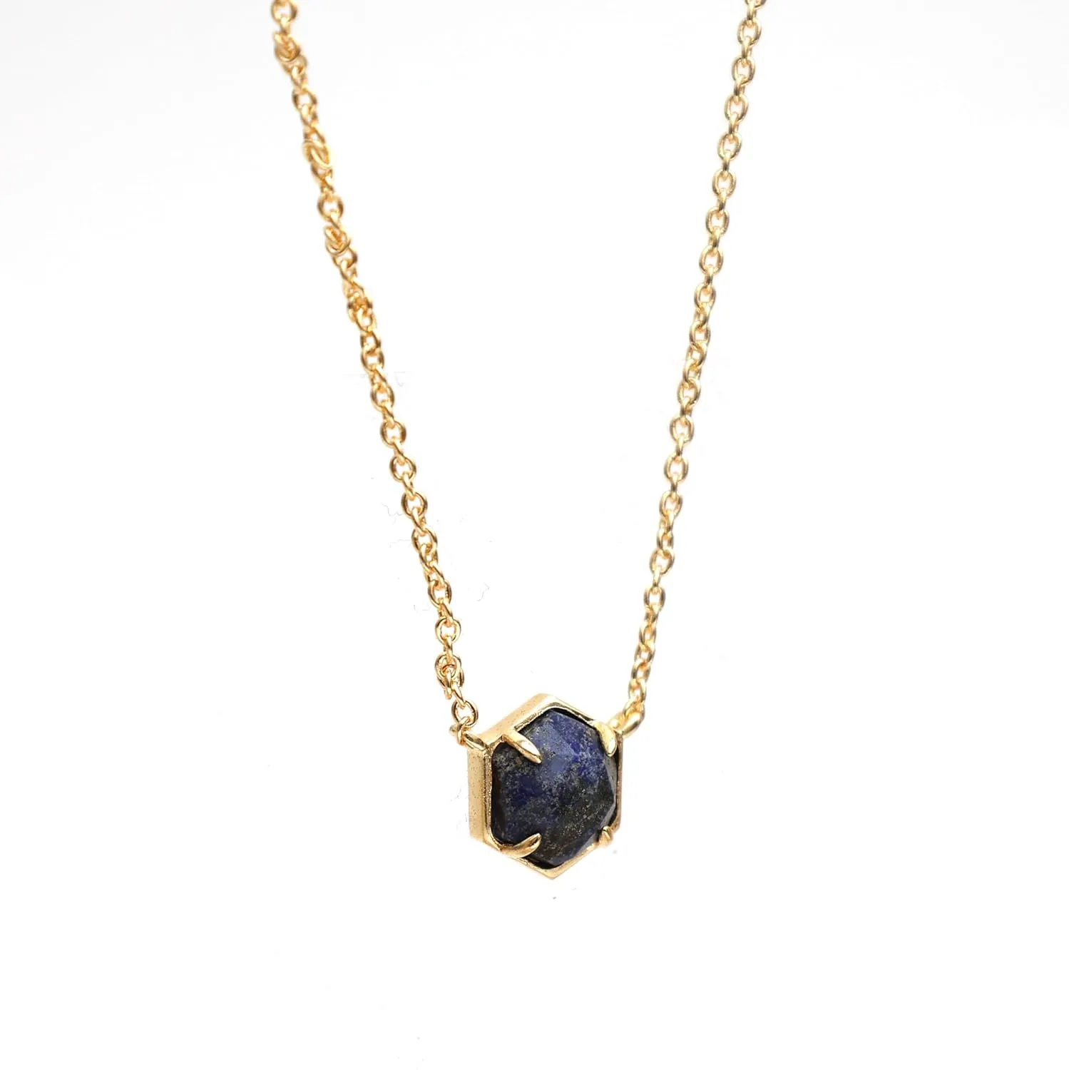 Gempires Natural Blue Lapis Lazuli Hexagon Pendant Necklace Dainty Chain Necklaces For Women September Birthstone Bezel Jewelry 18-inch Adjustable Chain