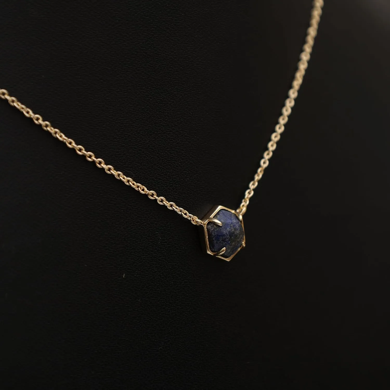 Gempires Natural Blue Lapis Lazuli Hexagon Pendant Necklace Dainty Chain Necklaces For Women September Birthstone Bezel Jewelry 18-inch Adjustable Chain