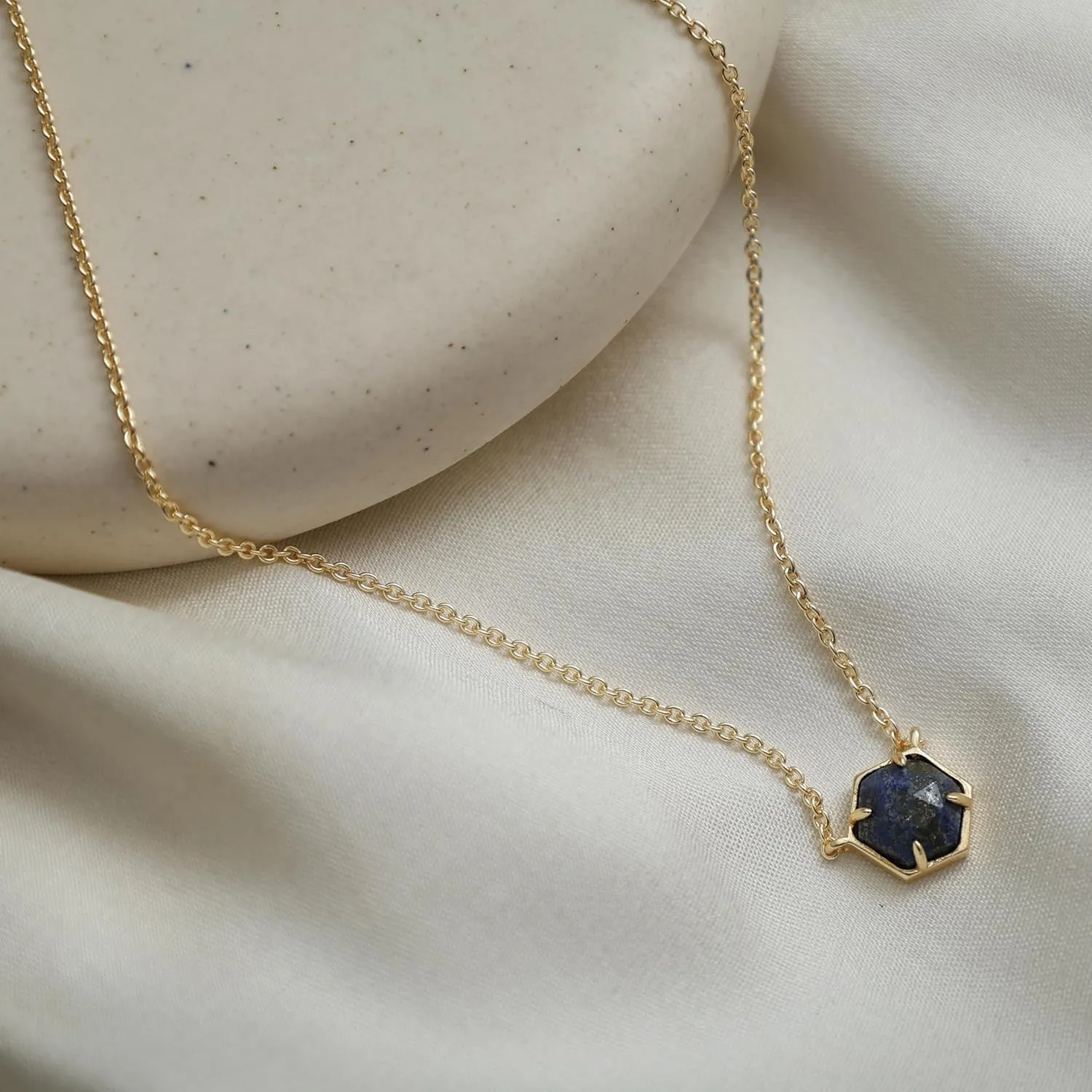 Gempires Natural Blue Lapis Lazuli Hexagon Pendant Necklace Dainty Chain Necklaces For Women September Birthstone Bezel Jewelry 18-inch Adjustable Chain