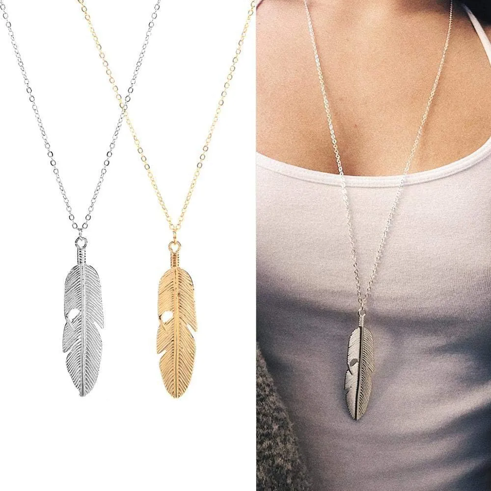 GIGB PBDK Boho Feather Pendant Necklace Chain Long Leaf Necklaces Sweater Necklaces Jewelry for Women