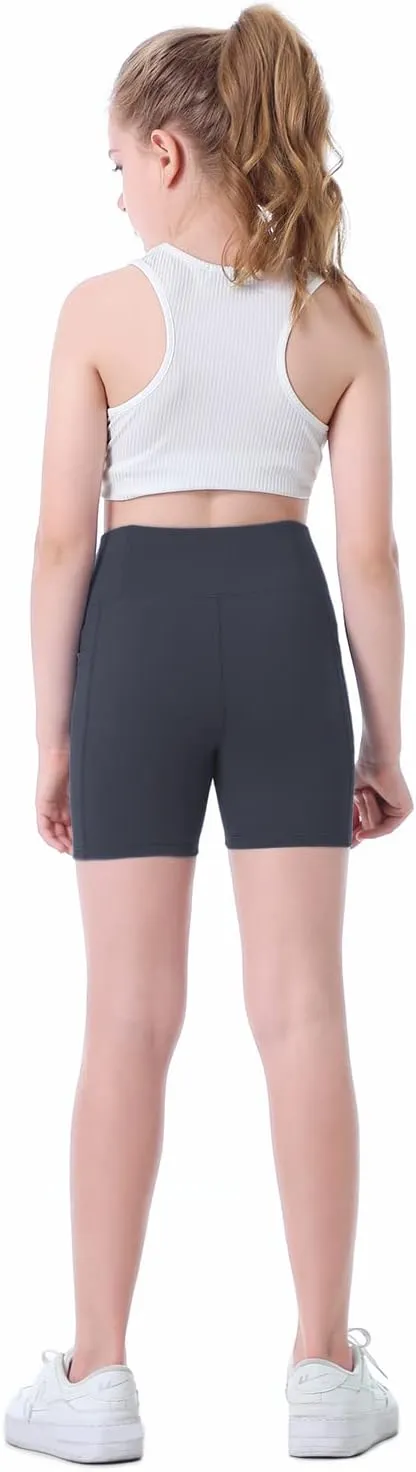 Girls Biker Shorts Kids Yoga Shorts High Waisted Spandex Athletic Running Volleyball Shorts with Pockets
