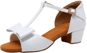 Girls Latin Dance Shoes Cute Bow Ballroom Salsa Professional Performance Practice Dance Shoes Low Heel, Model EM-L1022