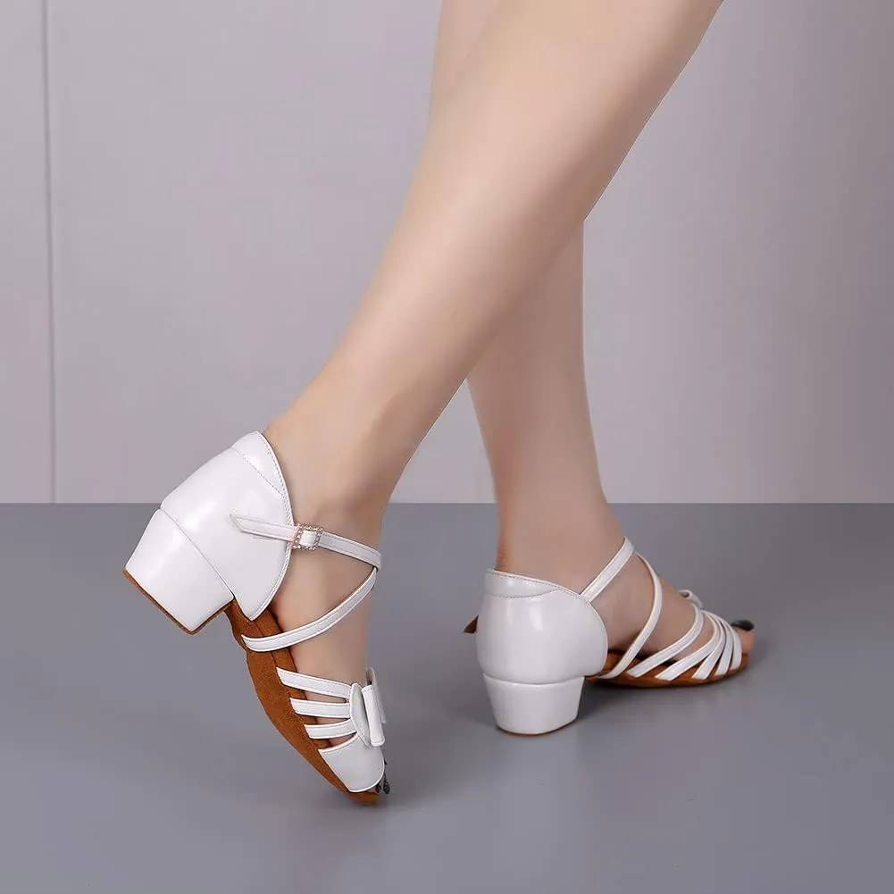 Girls Latin Dance Shoes Cute Bow Ballroom Salsa Professional Performance Practice Dancing Shoes Low Heel, Model EM-L1026