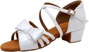 Girls Latin Dance Shoes Cute Bow Ballroom Salsa Professional Performance Practice Dancing Shoes Low Heel, Model EM-L1026