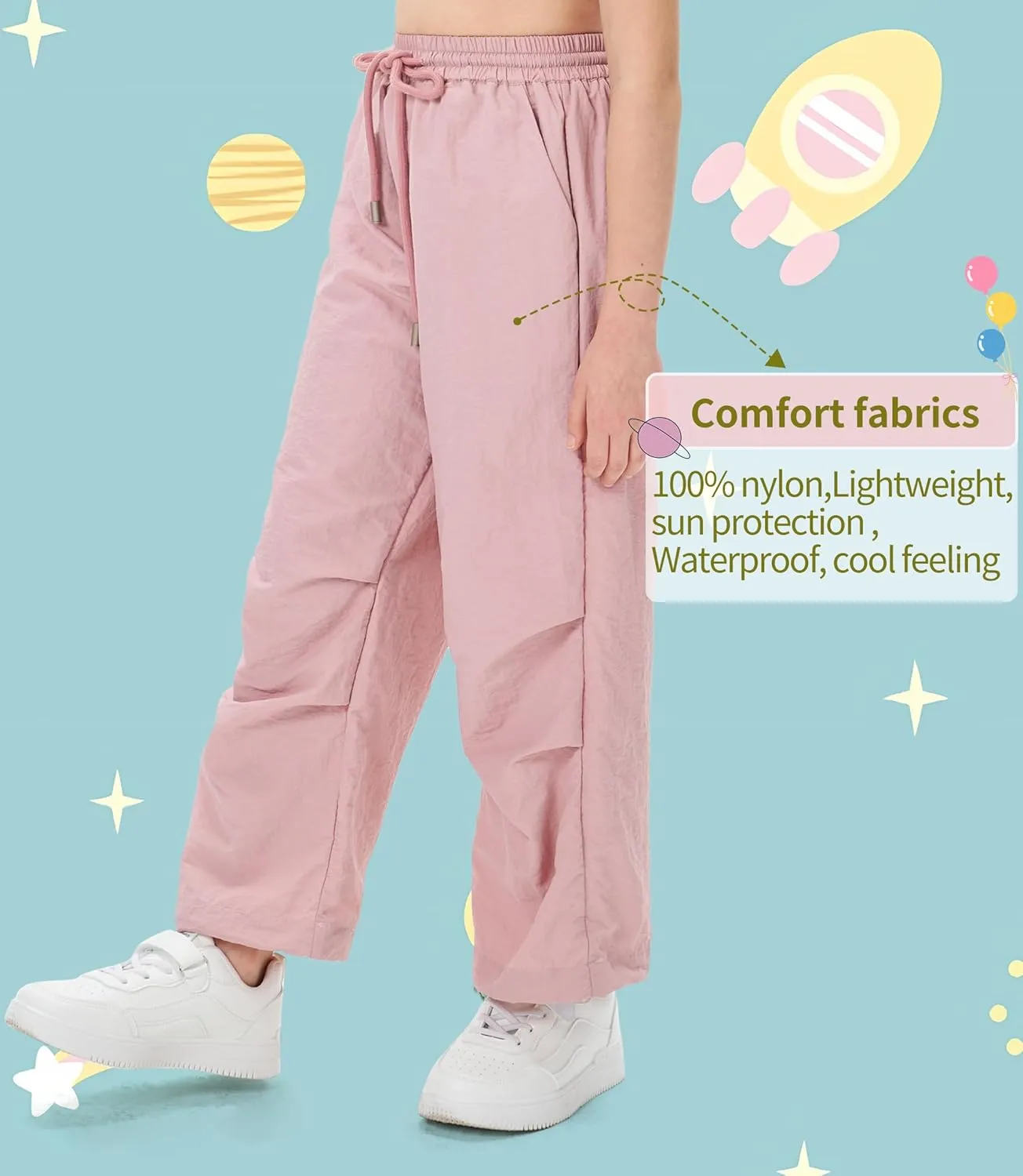 Girls Lightweight Cargo Hiking Joggers Parachute Pants Drawstring Waterproof Pants
