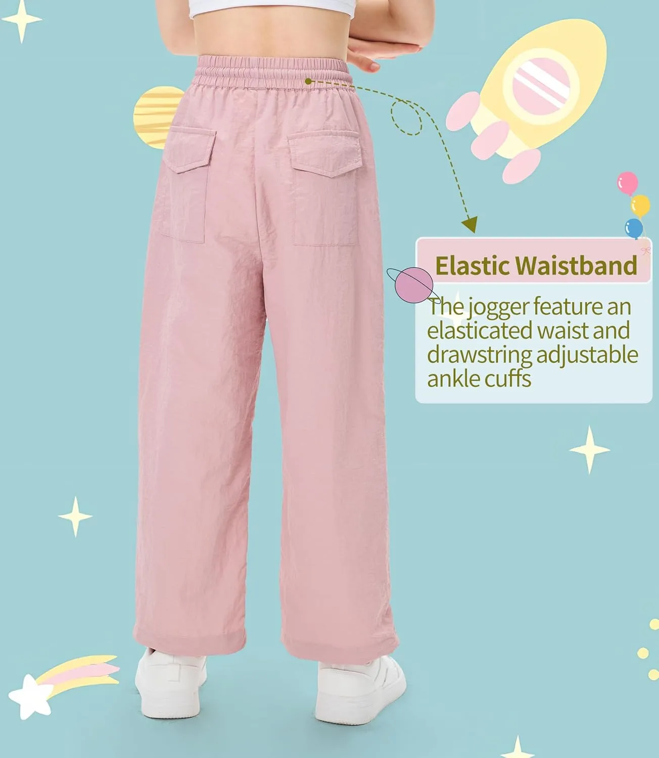 Girls Lightweight Cargo Hiking Joggers Parachute Pants Drawstring Waterproof Pants