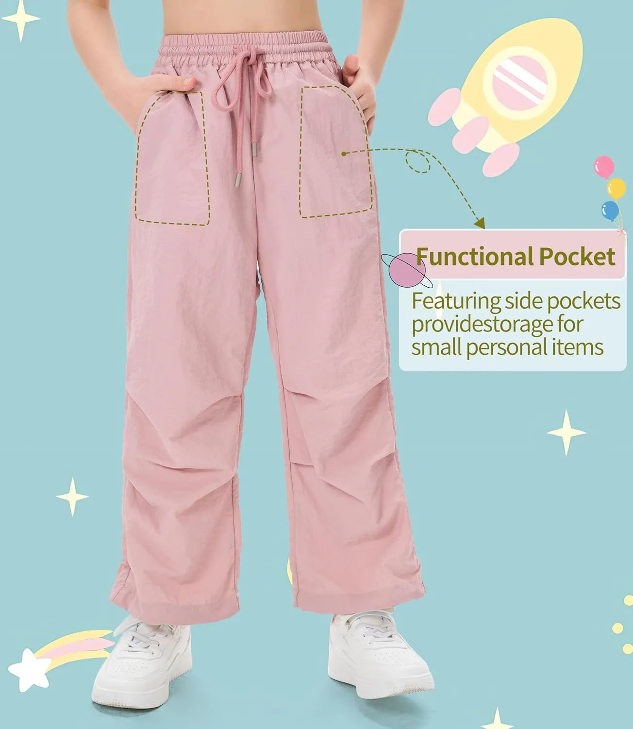 Girls Lightweight Cargo Hiking Joggers Parachute Pants Drawstring Waterproof Pants