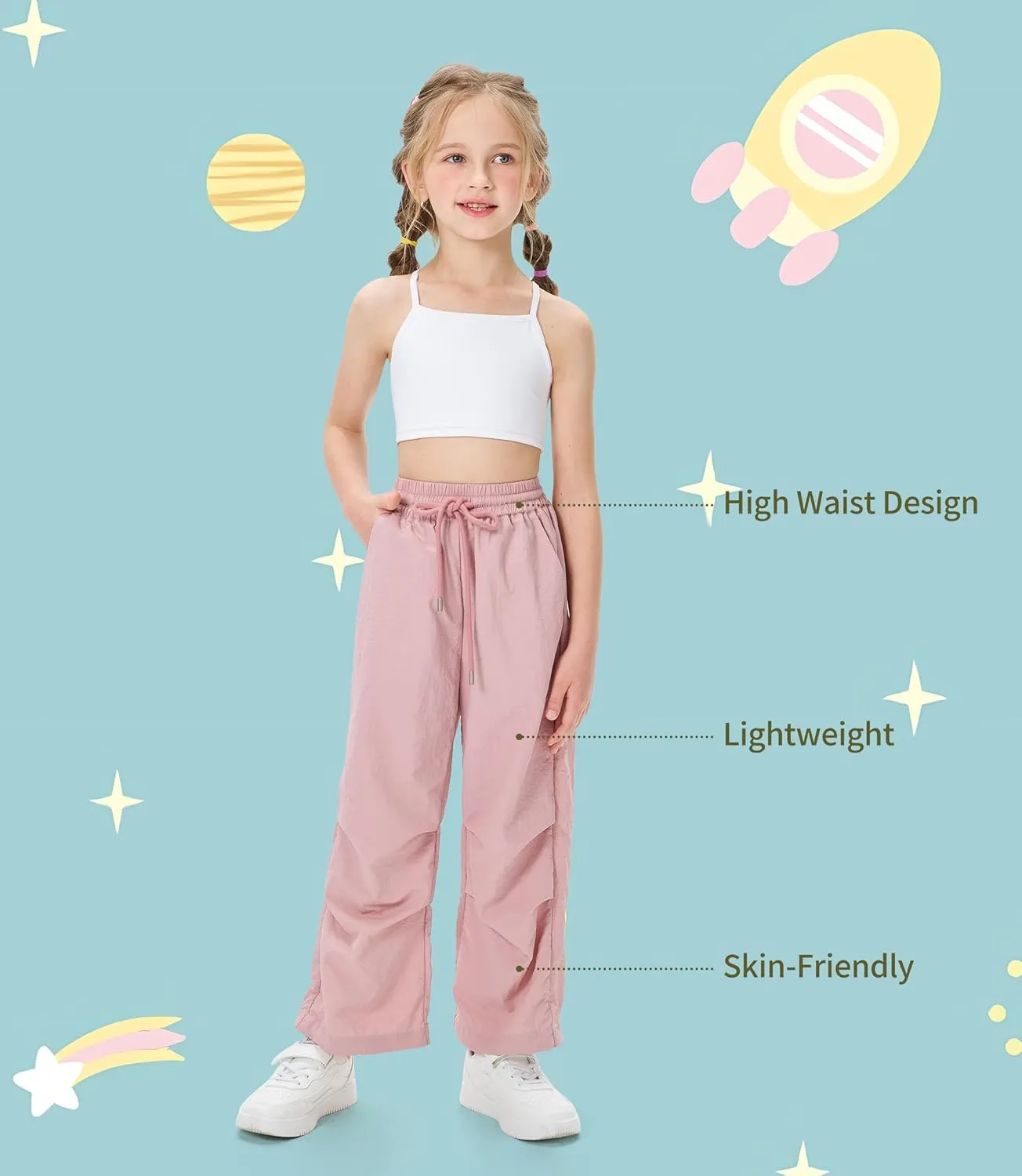 Girls Lightweight Cargo Hiking Joggers Parachute Pants Drawstring Waterproof Pants