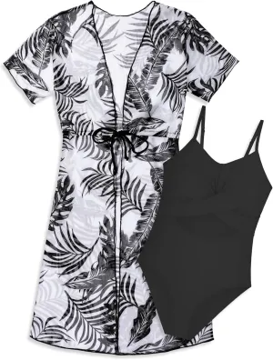 Girls One Piece Swimsuits with Bathing Suit Cover Up 2PCS Set Quick Dry Beach Girls Bathing Suits Size 7-16
