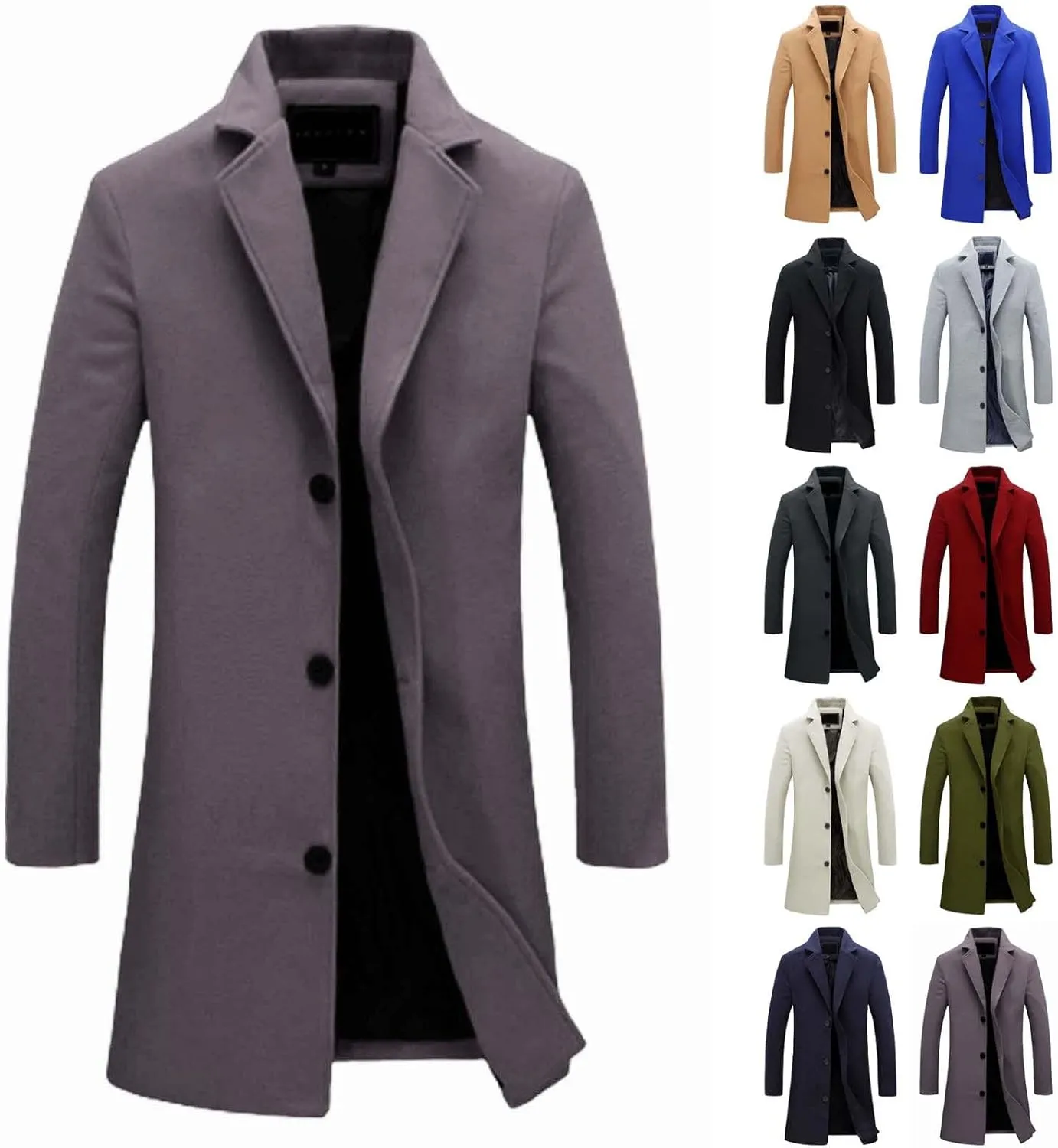 GOKKILRW Mens Wool Blend Trench Coat Notched Lapel Single Breasted Pea Coat Casual Business Office Work Long Jacket Overcoat