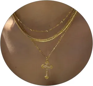 Gold Cross Necklace for Women 14K Gold Plated Dainty Layered Pendant Choker Simple Trendy Cute Cross Charm Diamond Necklace Faith Jewelry Religious Gift
