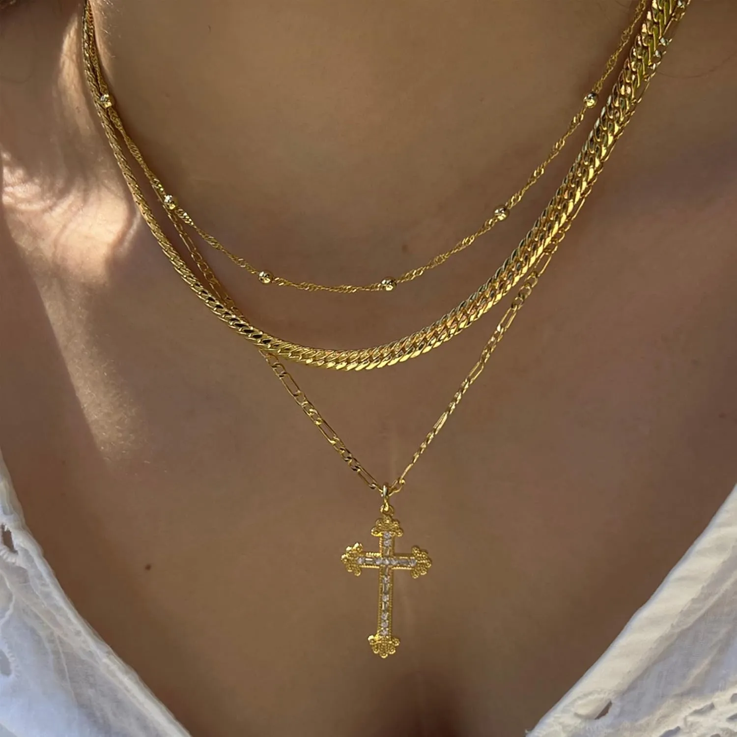 Gold Cross Necklace for Women 14K Gold Plated Dainty Layered Pendant Choker Simple Trendy Cute Cross Charm Diamond Necklace Faith Jewelry Religious Gift