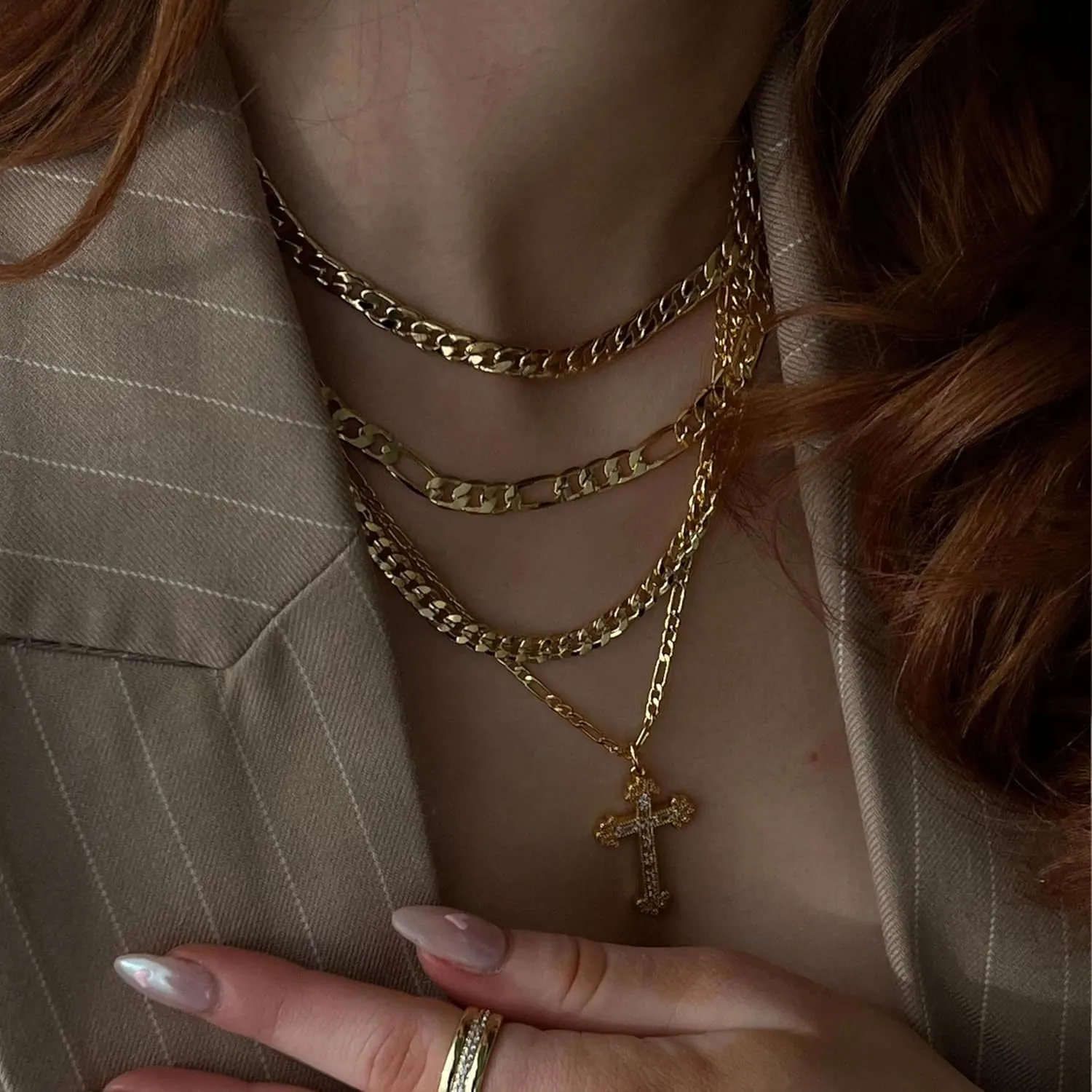 Gold Cross Necklace for Women 14K Gold Plated Dainty Layered Pendant Choker Simple Trendy Cute Cross Charm Diamond Necklace Faith Jewelry Religious Gift
