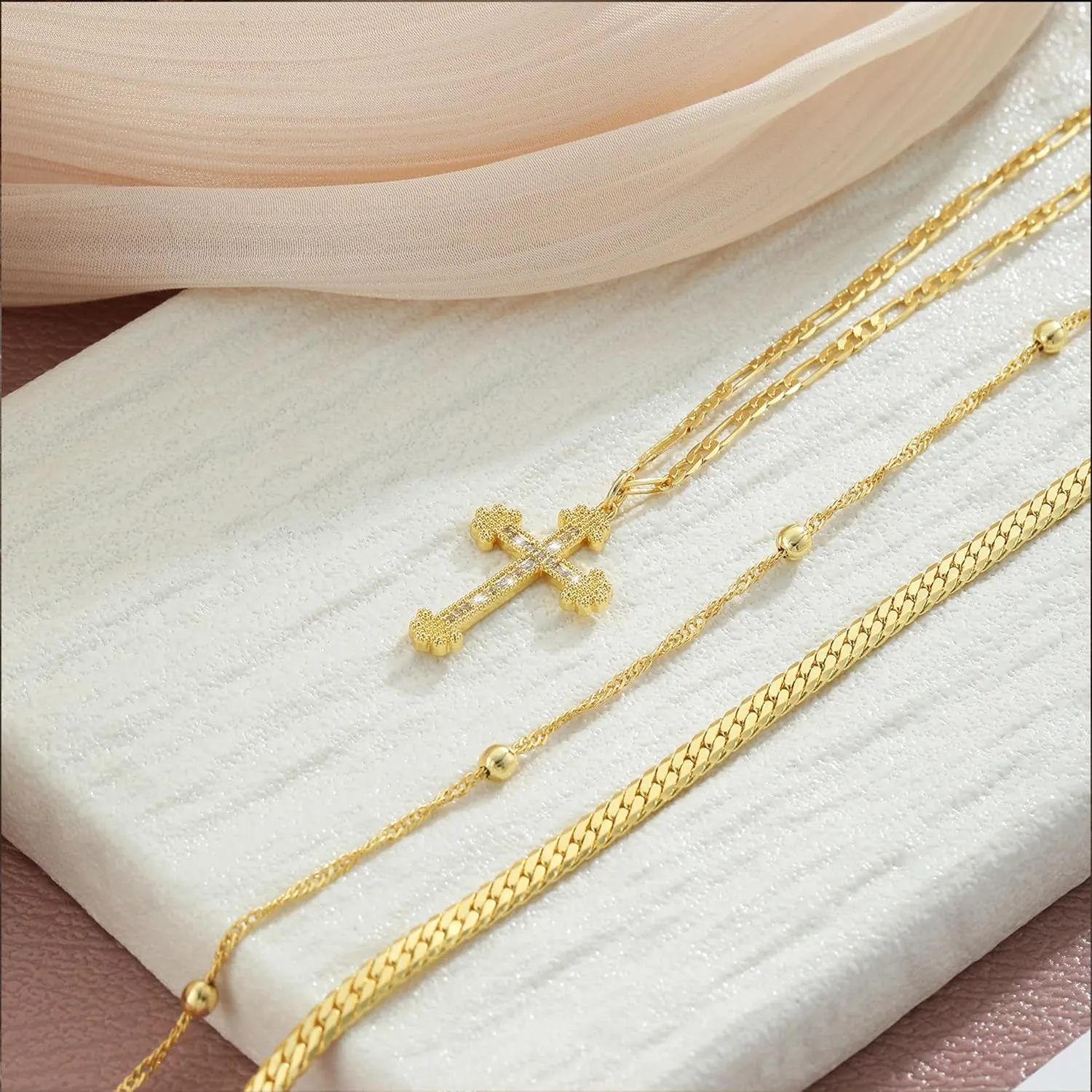 Gold Cross Necklace for Women 14K Gold Plated Dainty Layered Pendant Choker Simple Trendy Cute Cross Charm Diamond Necklace Faith Jewelry Religious Gift