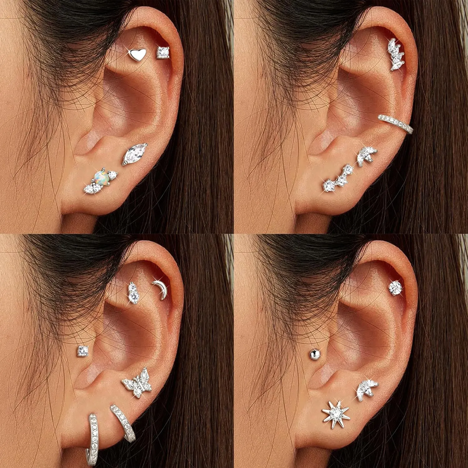 Gold Flat Back Earrings for Women Sterling Silver Earrings Post Hypoallergenic 14k Gold Plated Stud Earrings for Women Trendy Cartilage Earring Helix Conch Tragus Piercing Jewelry Dainty CZ Opal Flatback Stud Earrings Set 3 Pairs