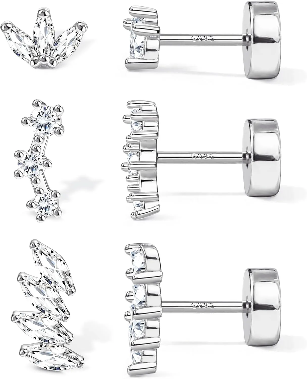 Gold Flat Back Earrings for Women Sterling Silver Earrings Post Hypoallergenic 14k Gold Plated Stud Earrings for Women Trendy Cartilage Earring Helix Conch Tragus Piercing Jewelry Dainty CZ Opal Flatback Stud Earrings Set 3 Pairs
