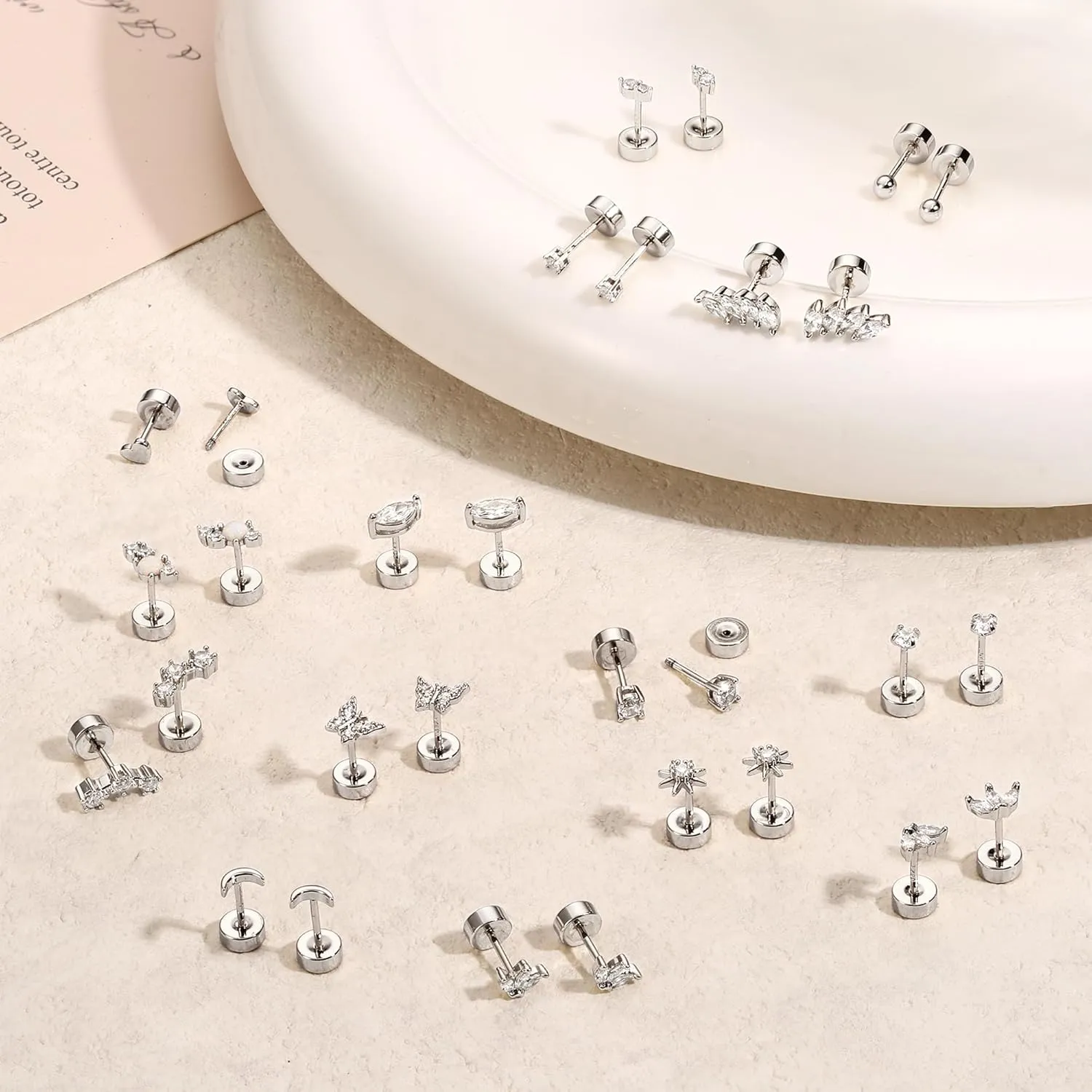 Gold Flat Back Earrings for Women Sterling Silver Earrings Post Hypoallergenic 14k Gold Plated Stud Earrings for Women Trendy Cartilage Earring Helix Conch Tragus Piercing Jewelry Dainty CZ Opal Flatback Stud Earrings Set 3 Pairs