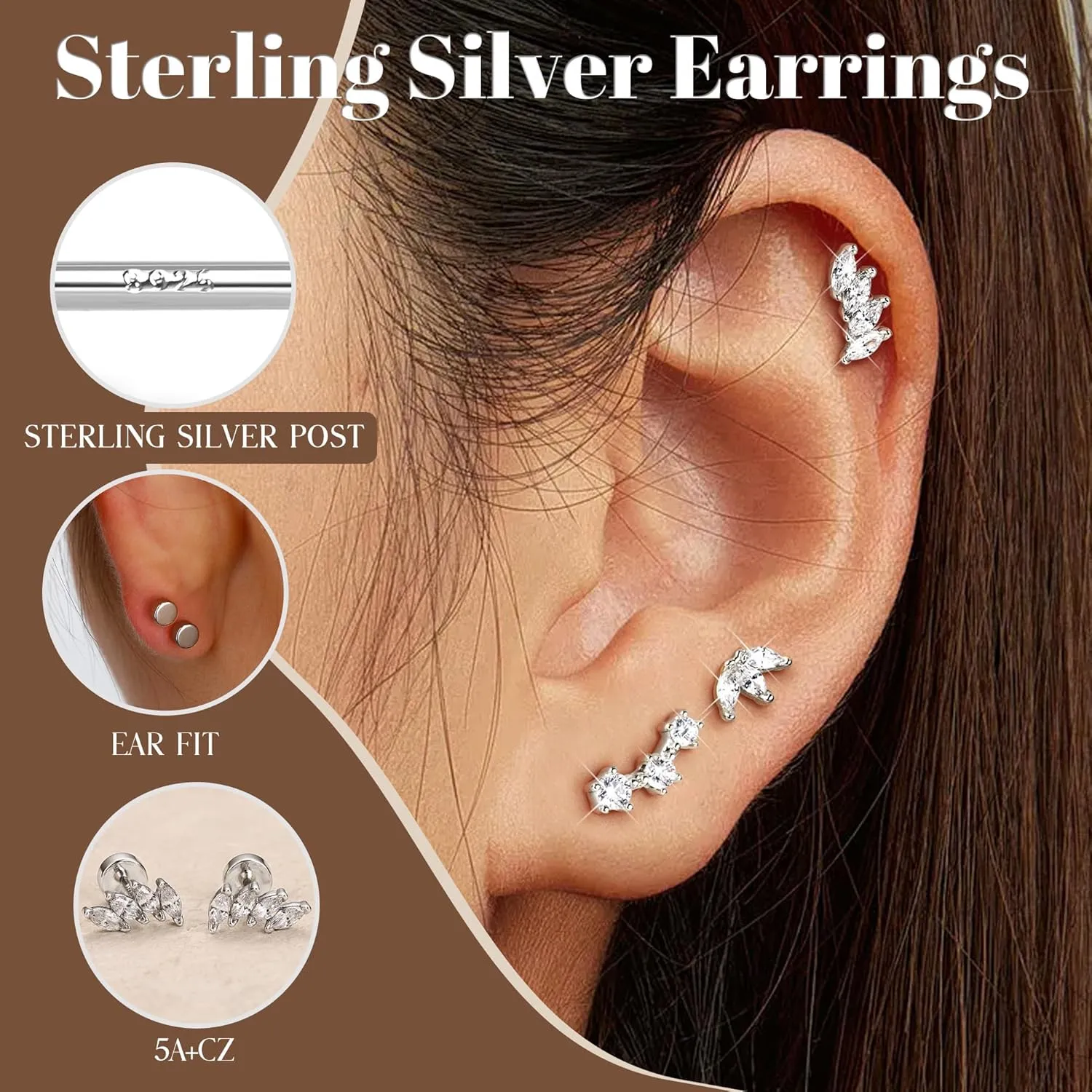 Gold Flat Back Earrings for Women Sterling Silver Earrings Post Hypoallergenic 14k Gold Plated Stud Earrings for Women Trendy Cartilage Earring Helix Conch Tragus Piercing Jewelry Dainty CZ Opal Flatback Stud Earrings Set 3 Pairs