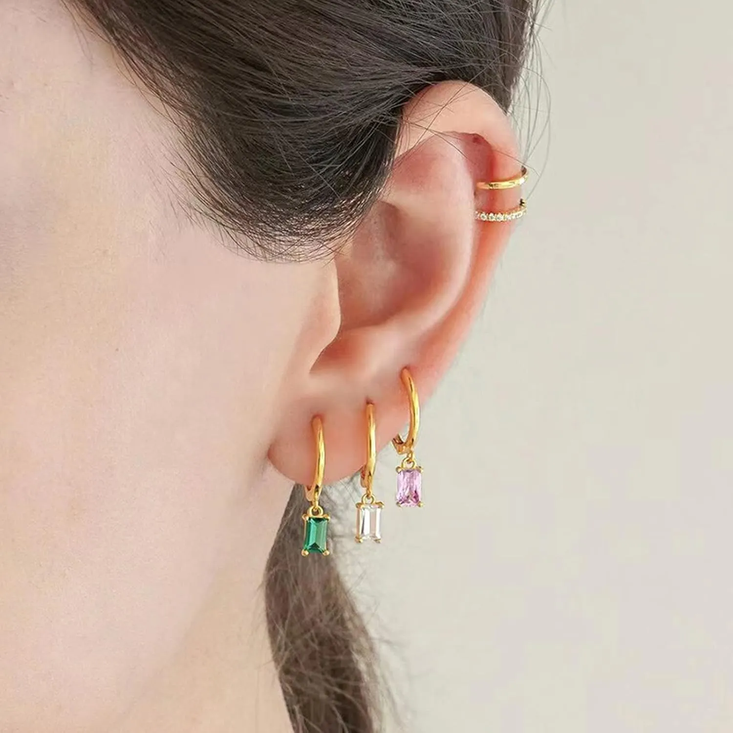 Gold Hoop Earrings With Green Drop, Huggie Hoops For Women & Men - 14K Gold, Hypoallergenic - 2PCS