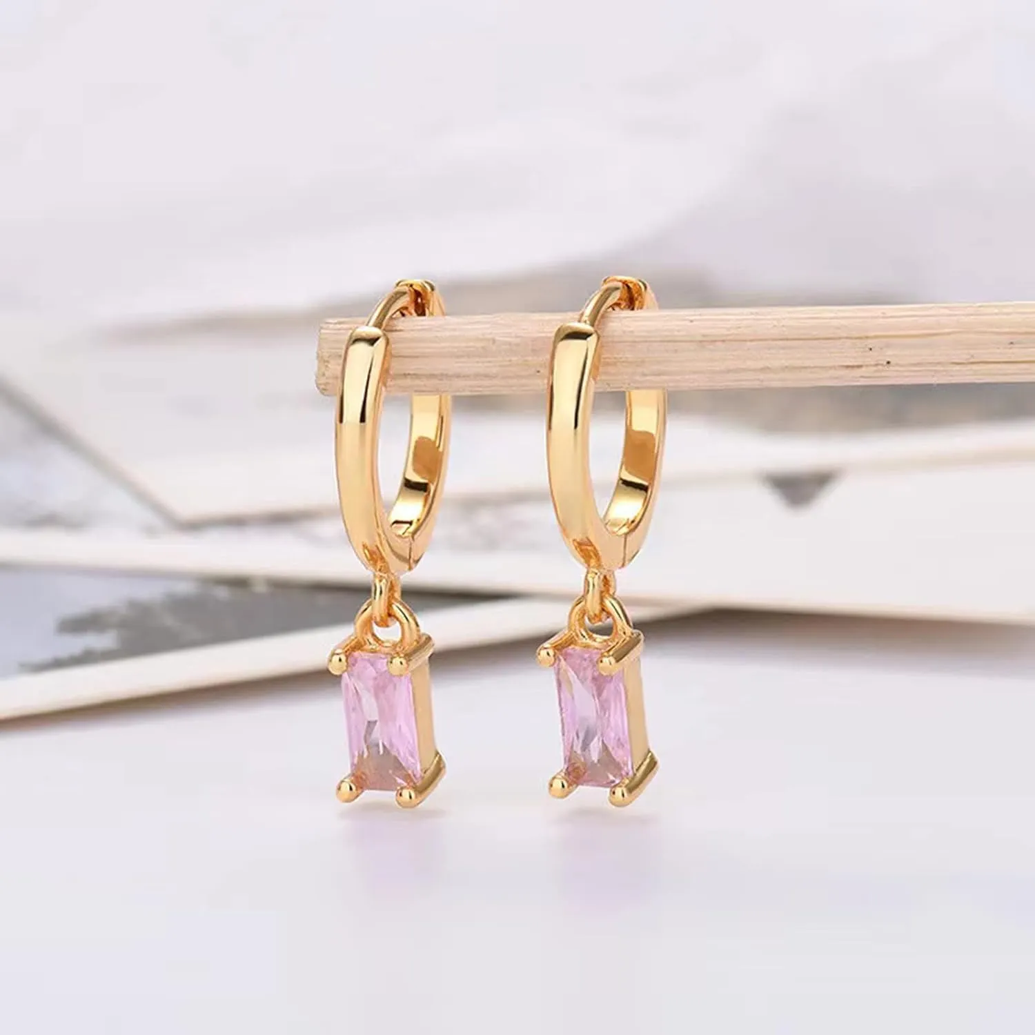 Gold Hoop Earrings With Green Drop, Huggie Hoops For Women & Men - 14K Gold, Hypoallergenic - 2PCS