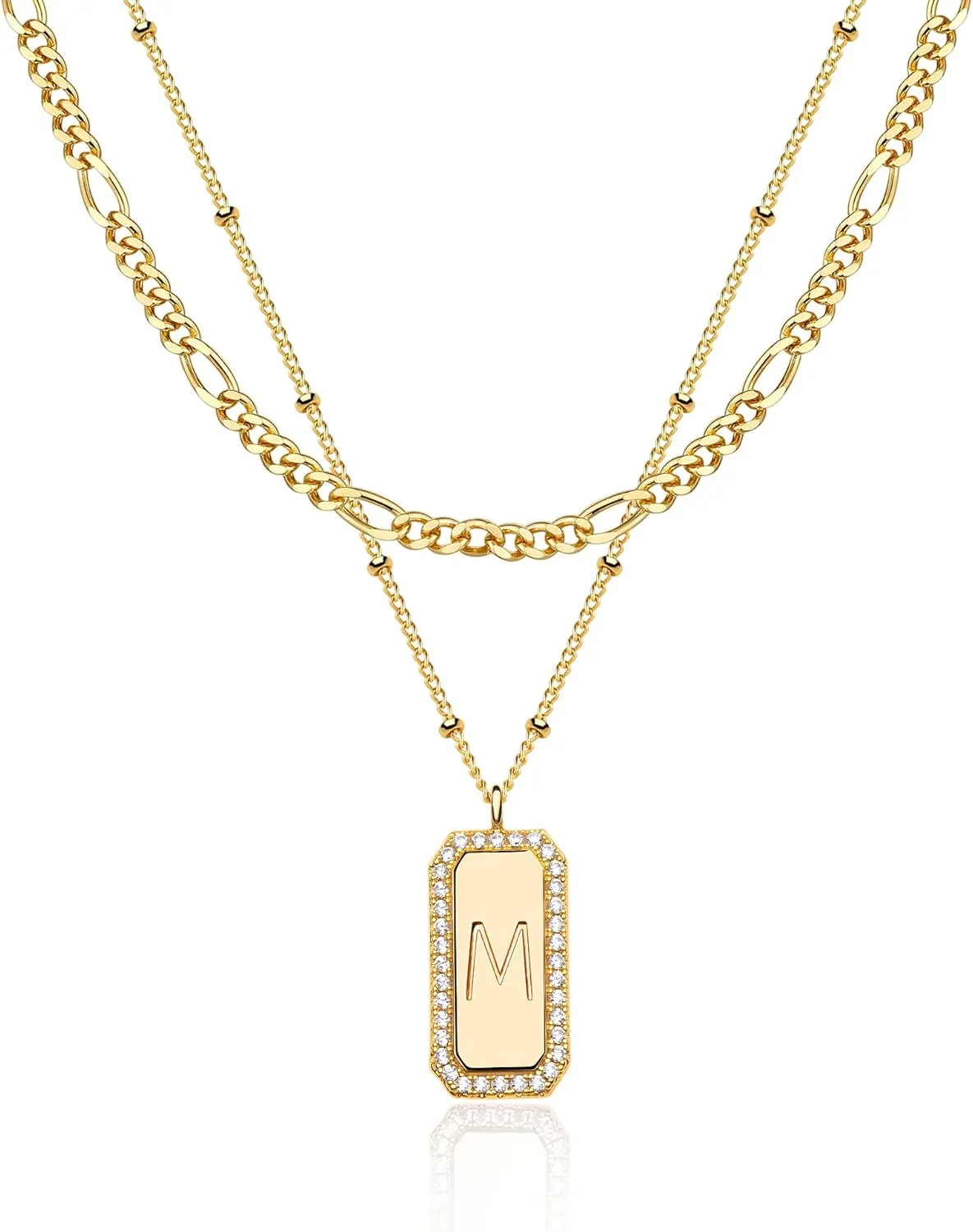Gold Initial Necklace for Women 14K Gold Plated Figaro Chain Choker Layered Necklaces Set Bar Rectangle Pendant Necklaces Simple Dainty Letter Necklace Everyday Gold Jewelry