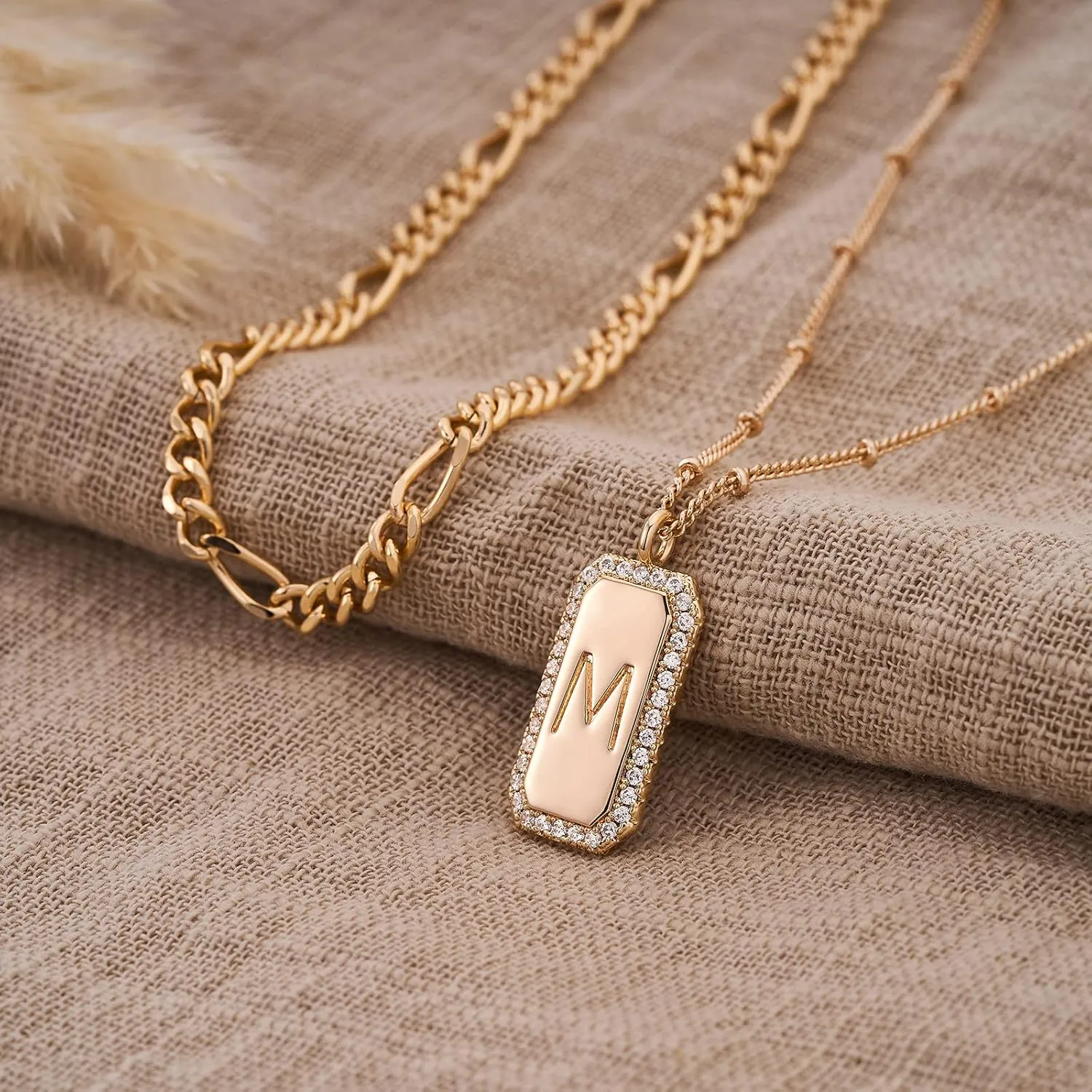 Gold Initial Necklace for Women 14K Gold Plated Figaro Chain Choker Layered Necklaces Set Bar Rectangle Pendant Necklaces Simple Dainty Letter Necklace Everyday Gold Jewelry