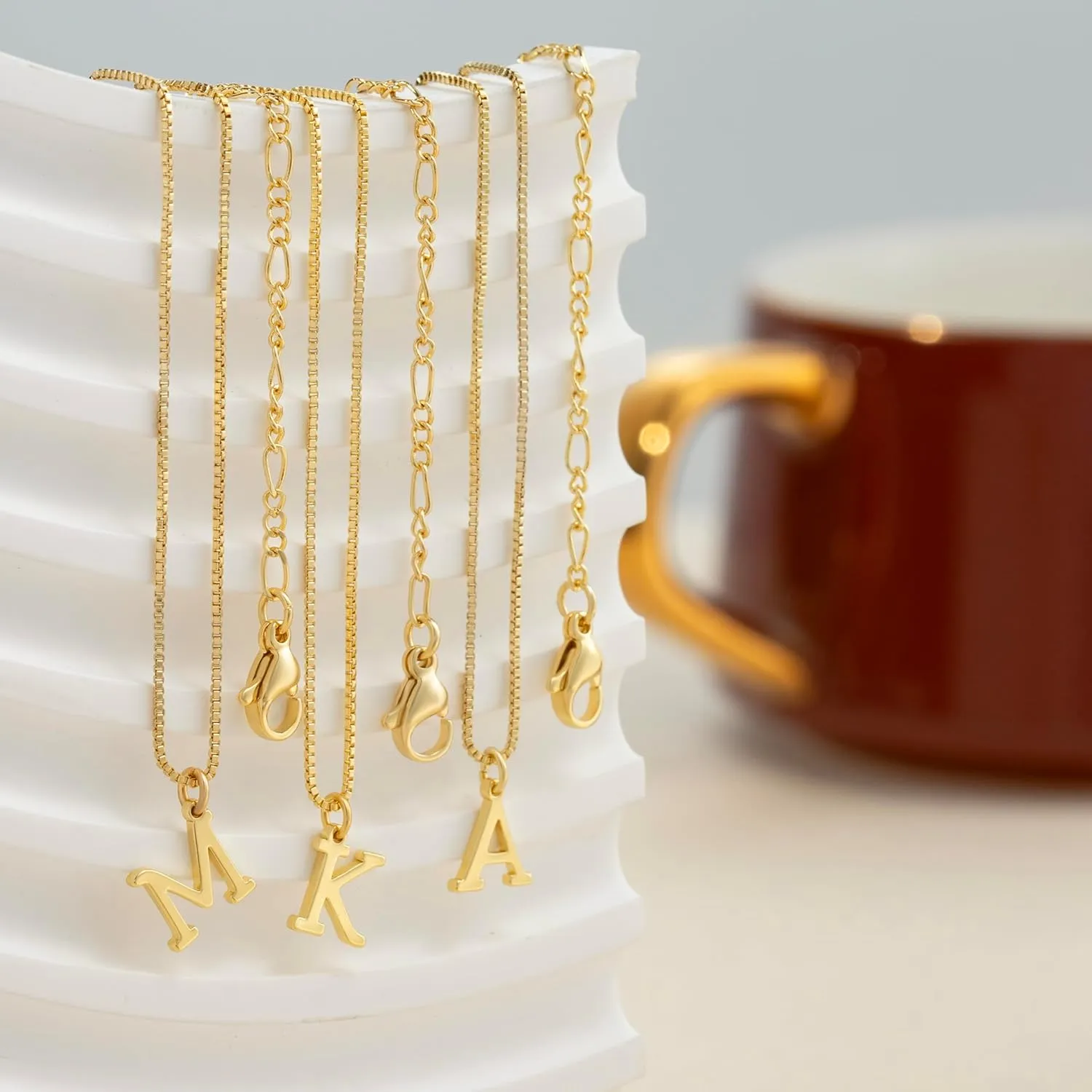 Gold Initial Necklaces for Women Trendy, Layered Dainty 14K Gold Letter Pendant Necklace Figaro Choker Necklaces Costume Monogram Name Necklaces Cute Simple Gold Jewelry Set for Women Gifts