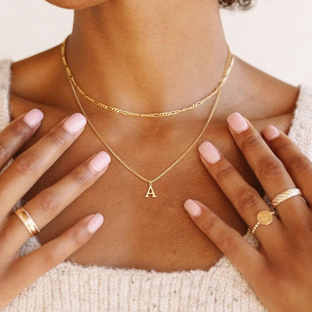 Gold Initial Necklaces for Women Trendy, Layered Dainty 14K Gold Letter Pendant Necklace Figaro Choker Necklaces Costume Monogram Name Necklaces Cute Simple Gold Jewelry Set for Women Gifts
