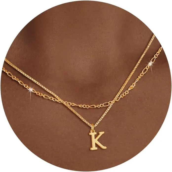 Gold Initial Necklaces for Women Trendy, Layered Dainty 14K Gold Letter Pendant Necklace Figaro Choker Necklaces Costume Monogram Name Necklaces Cute Simple Gold Jewelry Set for Women Gifts