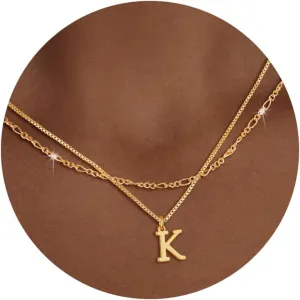 Gold Initial Necklaces for Women Trendy, Layered Dainty 14K Gold Letter Pendant Necklace Figaro Choker Necklaces Costume Monogram Name Necklaces Cute Simple Gold Jewelry Set for Women Gifts
