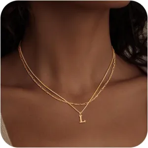 Gold Initial Necklaces for Women Trendy, Layered Dainty 14K Gold Letter Pendant Necklace Figaro Choker Necklaces Costume Monogram Name Necklaces Cute Simple Gold Jewelry Set for Women Gifts