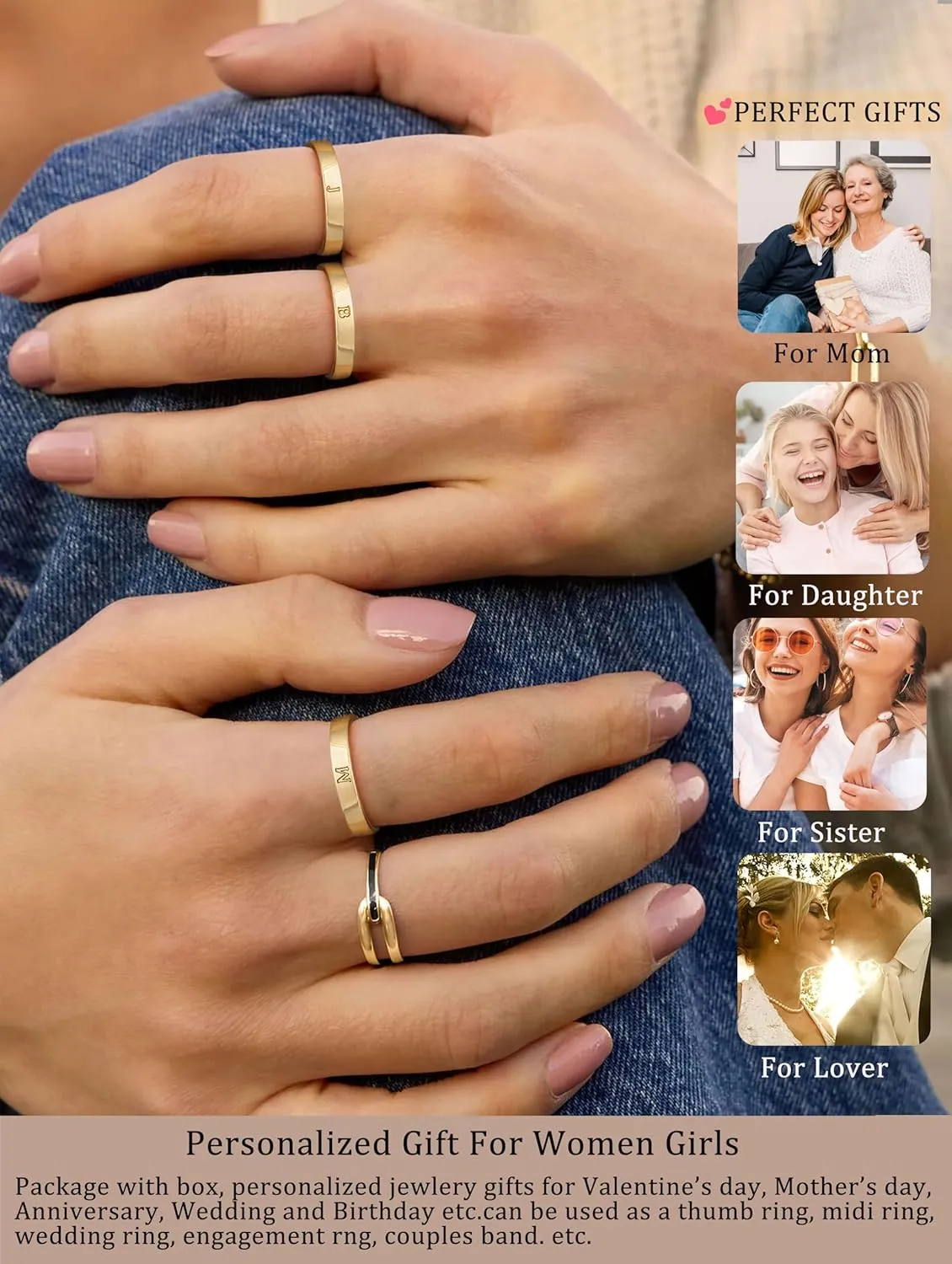 Gold Initial Ring for Women Non Tarnish Dainty 14K Gold Filled Ring Stackable Personalized Letter Stacking Thumb Pinky Rings for Mom Wedding Bands Engagement Birthday Gifts Jewelry Size 6-10