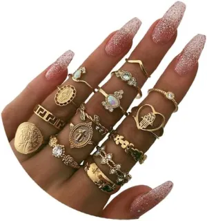 Gold Knuckle Stacking Rings for Women - Stackable Joint Finger Statement Set, Boho Vintage Midi Y2k Moon Star Snake Butterfly Pearl Top Finger Jewelry for Halloween