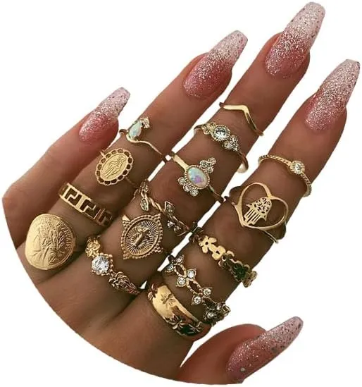 Gold Knuckle Stacking Rings for Women - Stackable Joint Finger Statement Set, Boho Vintage Midi Y2k Moon Star Snake Butterfly Pearl Top Finger Jewelry for Halloween