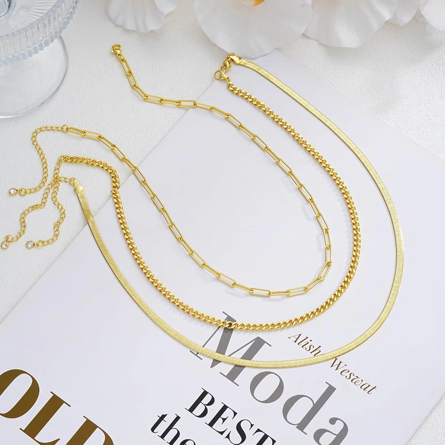 Gold Layered Necklaces for Women, 14K Gold Plated Dainty Gold Chain Choker Necklace Stack, Herringbone Gold Necklaces Set
