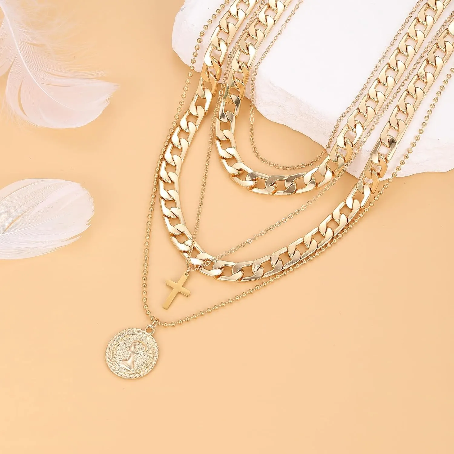 Gold Layered Necklaces for Women Chunky Choker Link Chain Trendy Retro Coin 14K Pendant Necklace Handmade Dainty Layering Poppy Lotus Rose Birth Flower Necklaces Gift