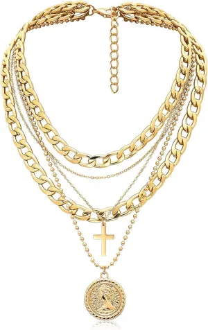 Gold Layered Necklaces for Women Chunky Choker Link Chain Trendy Retro Coin 14K Pendant Necklace Handmade Dainty Layering Poppy Lotus Rose Birth Flower Necklaces Gift