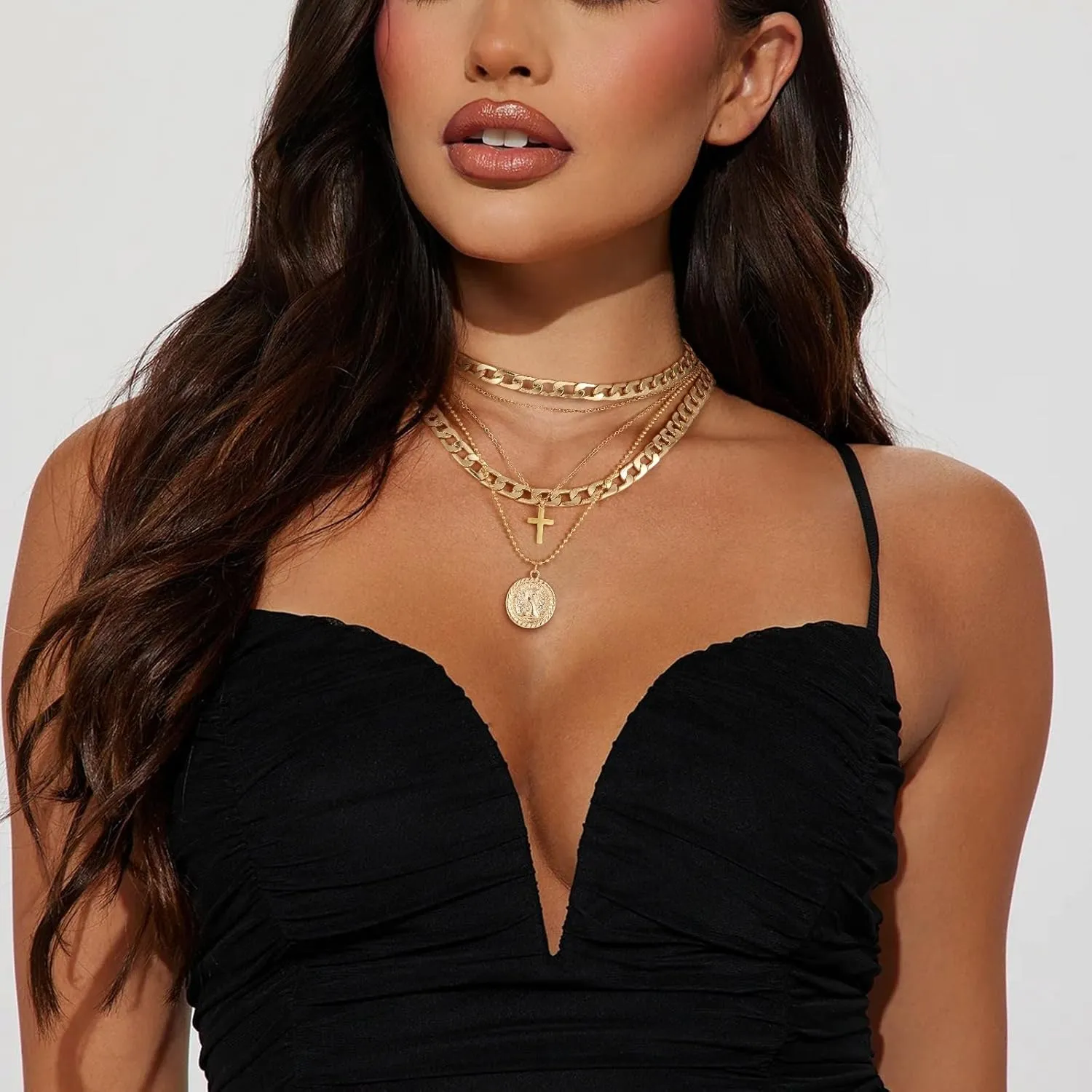 Gold Layered Necklaces for Women Chunky Choker Link Chain Trendy Retro Coin 14K Pendant Necklace Handmade Dainty Layering Poppy Lotus Rose Birth Flower Necklaces Gift