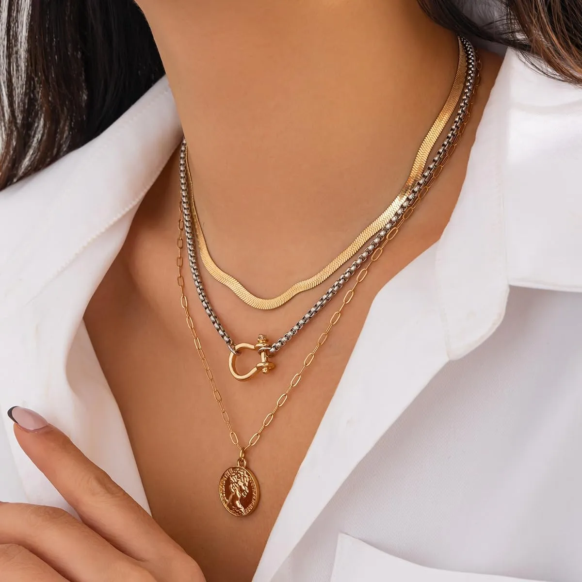 Gold Layered Necklaces for Women Chunky Silver Necklace Coin Paperclip Stacked Necklace Trendy Statement Jewelry