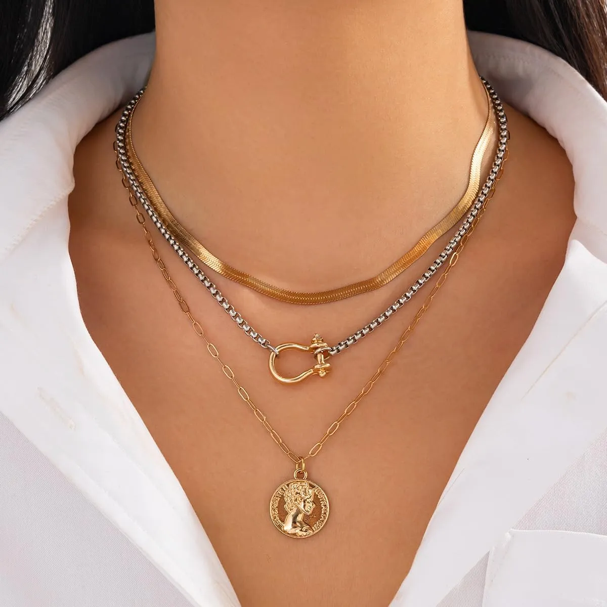Gold Layered Necklaces for Women Chunky Silver Necklace Coin Paperclip Stacked Necklace Trendy Statement Jewelry