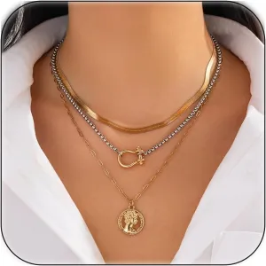 Gold Layered Necklaces for Women Chunky Silver Necklace Coin Paperclip Stacked Necklace Trendy Statement Jewelry