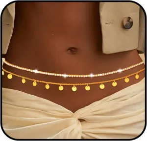 Gold Layered Waist Chains Dainty Rhinestone Belly Chains Beach Sequins Body Jewelry for Women