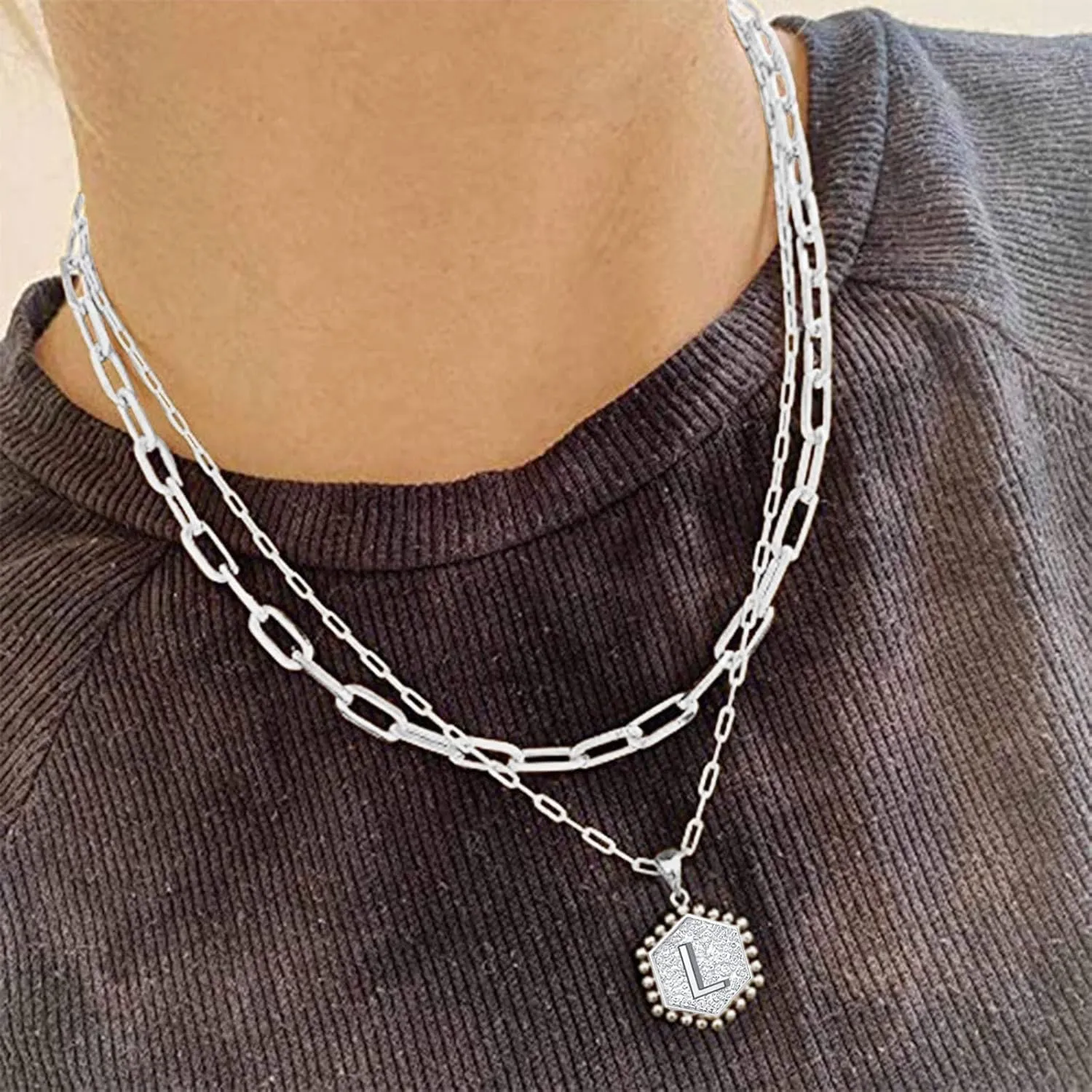 Gold Plated Initial Necklaces for Women,Dainty Paperclip Link Chain Necklace Trendy Layered Stacked Pendant Necklaces