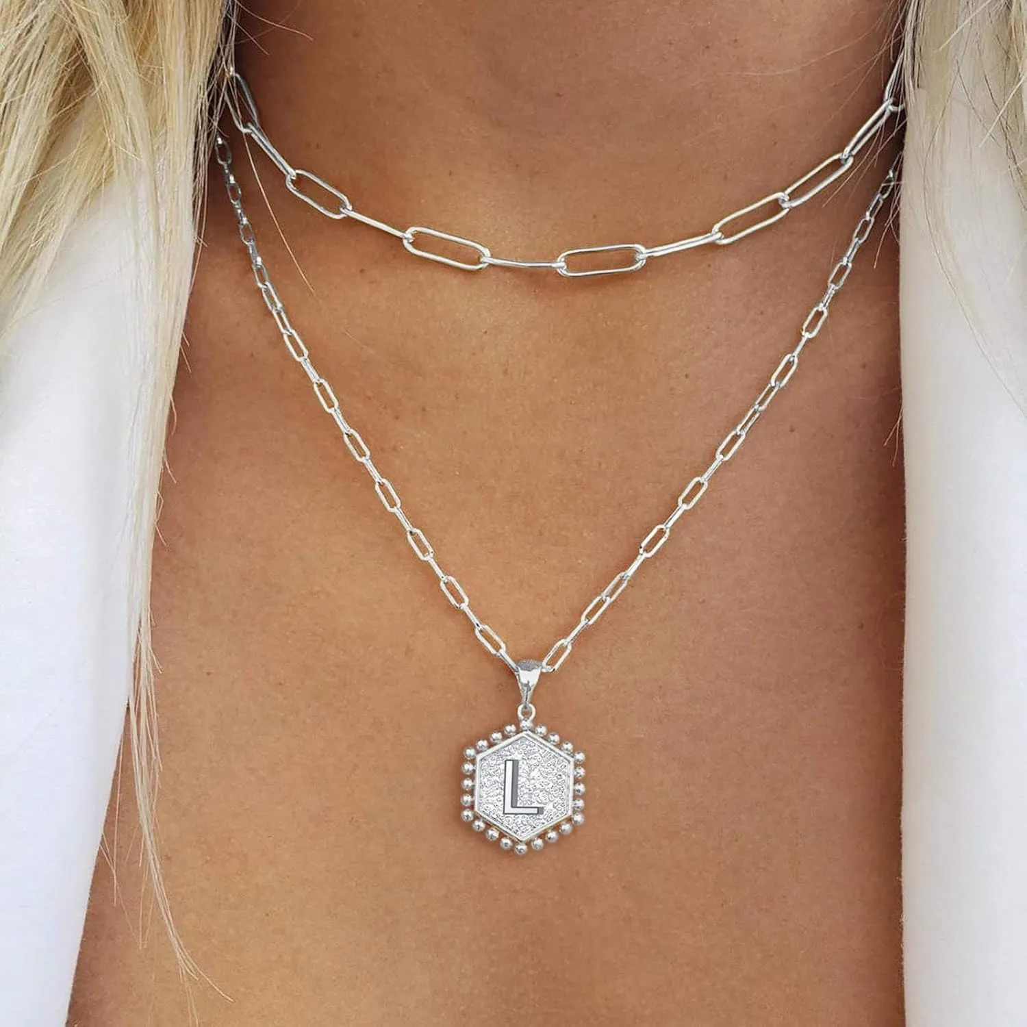 Gold Plated Initial Necklaces for Women,Dainty Paperclip Link Chain Necklace Trendy Layered Stacked Pendant Necklaces