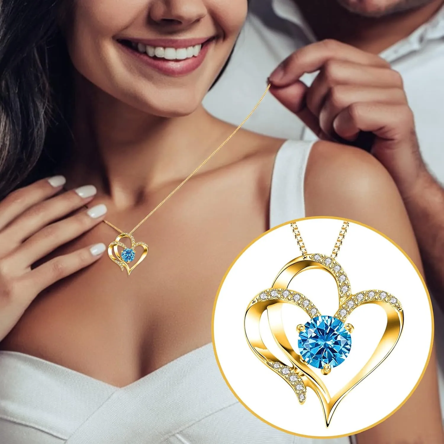Gold Plated Sterling Silver Heart Necklace for Women,Twelve Months Birthstone Pendant Necklace for Mom Wife Xmas Mother's Day