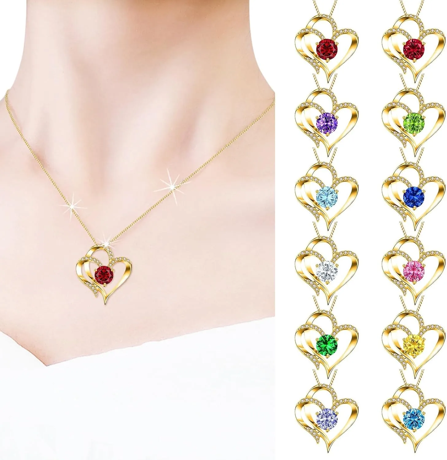 Gold Plated Sterling Silver Heart Necklace for Women,Twelve Months Birthstone Pendant Necklace for Mom Wife Xmas Mother's Day
