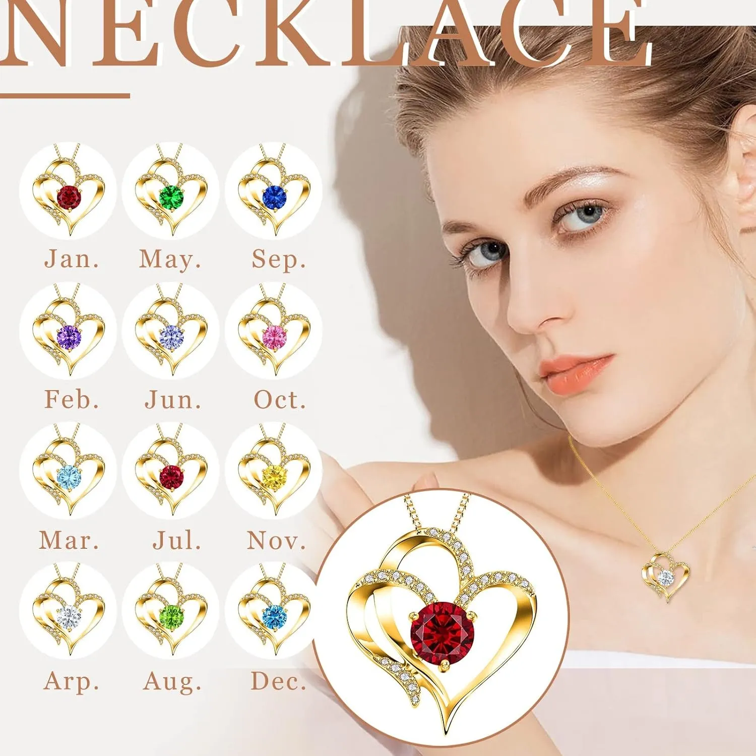 Gold Plated Sterling Silver Heart Necklace for Women,Twelve Months Birthstone Pendant Necklace for Mom Wife Xmas Mother's Day